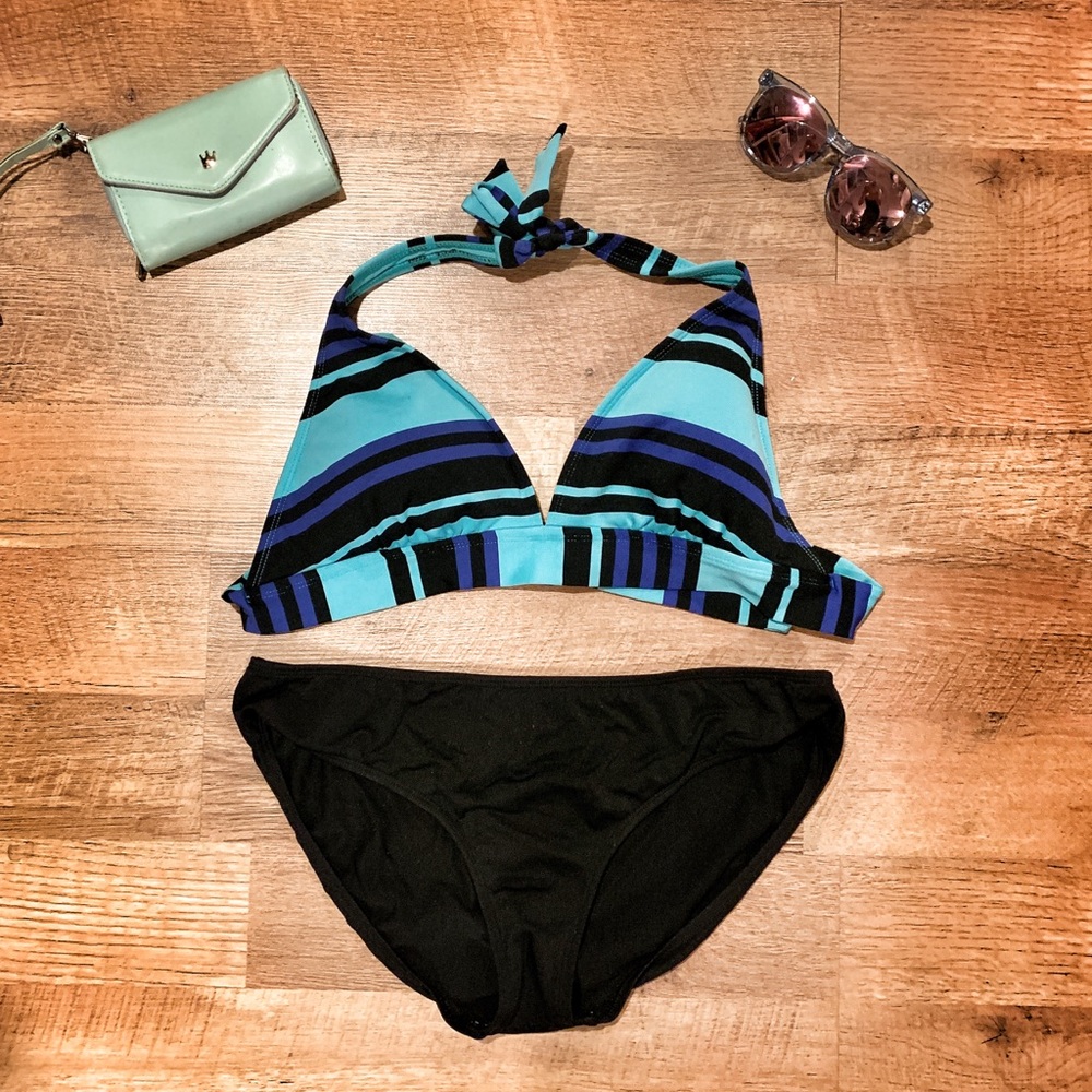 👙Blue stripe bikini top w black Merona bottom M L